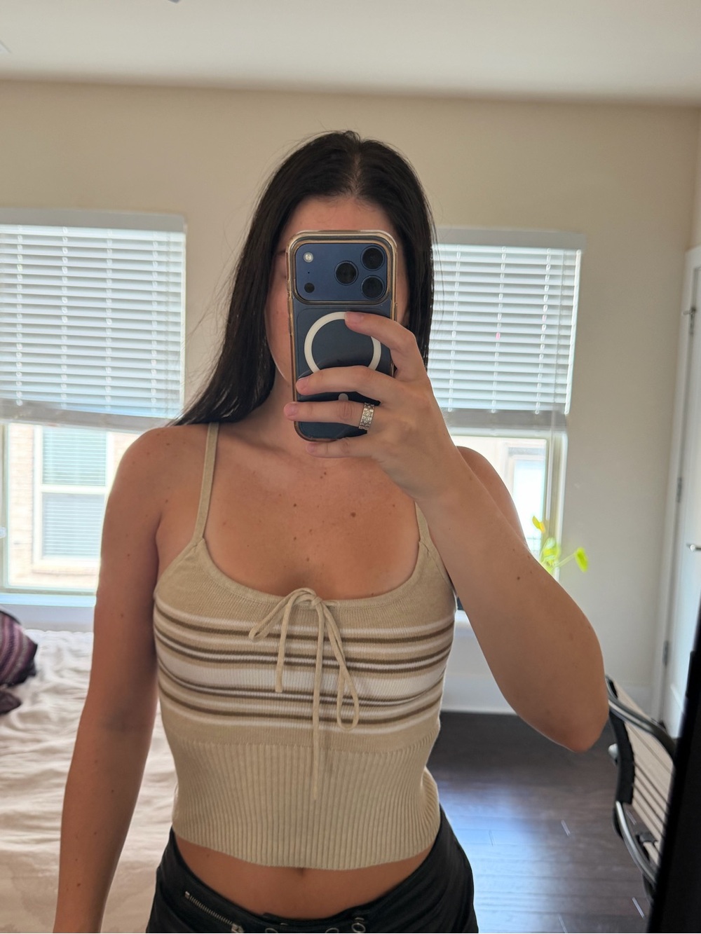 Beige Striped Ribbed Knit Tank Top